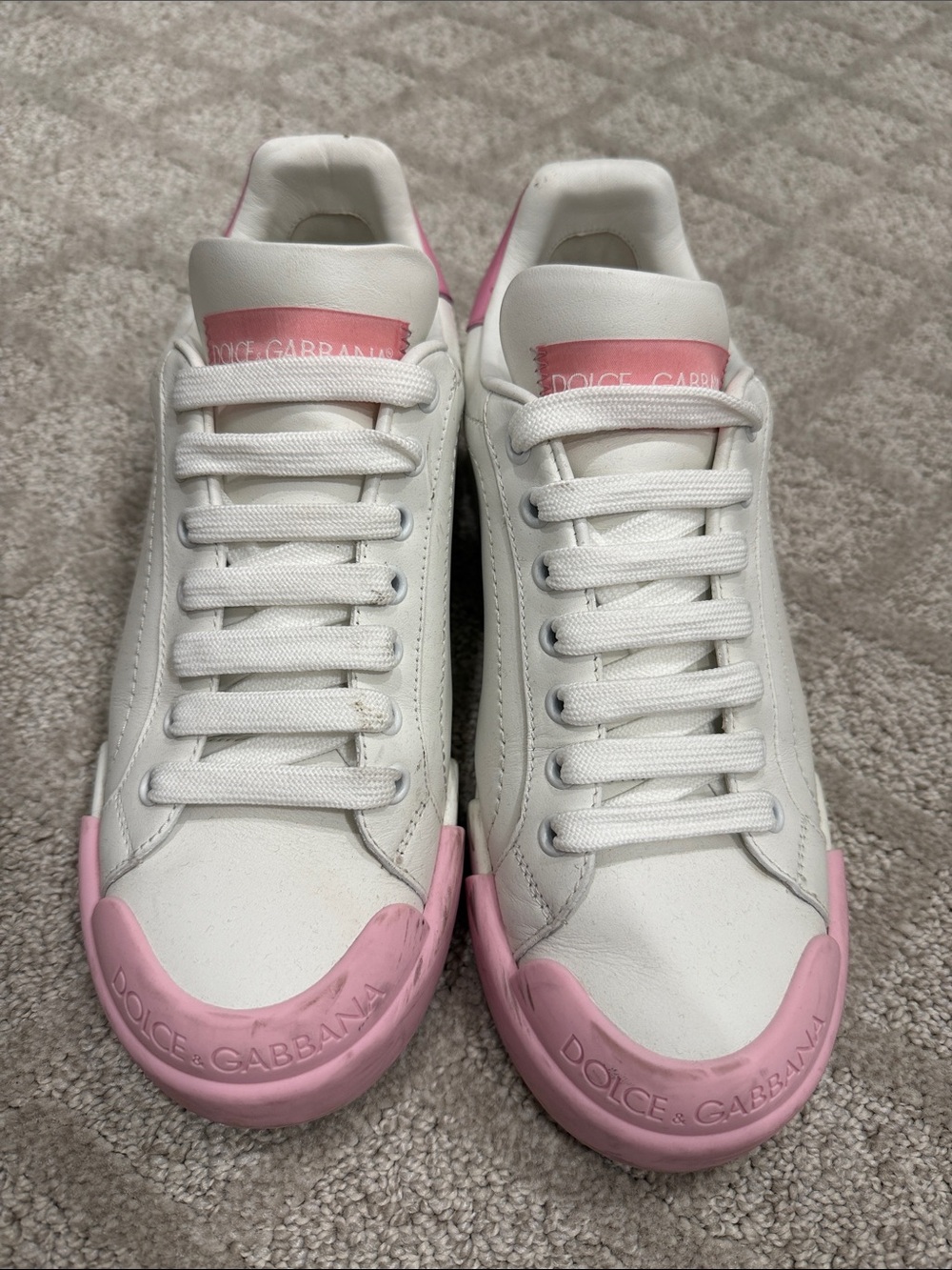 Dolce & Gabbana White Leather Sneakers with Pink Toe and Heel Accents
